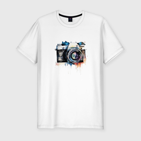 Мужская футболка хлопок Slim с принтом Фотоаппарат акварель в Петрозаводске, 92% хлопок, 8% лайкра | приталенный силуэт, круглый вырез ворота, длина до линии бедра, короткий рукав | 