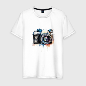 Мужская футболка хлопок с принтом Фотоаппарат акварель в Белгороде, 100% хлопок | прямой крой, круглый вырез горловины, длина до линии бедер, слегка спущенное плечо. | 