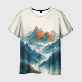 Мужская футболка 3D с принтом Утро в туманных горах , 100% полиэфир | прямой крой, круглый вырез горловины, длина до линии бедер | 