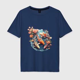 Мужская футболка хлопок Oversize с принтом Японские рыбки кои в Петрозаводске, 100% хлопок | свободный крой, круглый ворот, “спинка” длиннее передней части | 