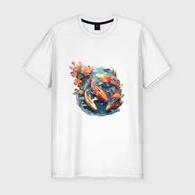 Мужская футболка хлопок Slim с принтом Японские рыбки кои в Кировске, 92% хлопок, 8% лайкра | приталенный силуэт, круглый вырез ворота, длина до линии бедра, короткий рукав | 