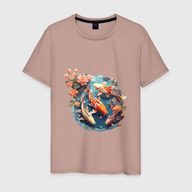 Мужская футболка хлопок с принтом Японские рыбки кои в Екатеринбурге, 100% хлопок | прямой крой, круглый вырез горловины, длина до линии бедер, слегка спущенное плечо. | 