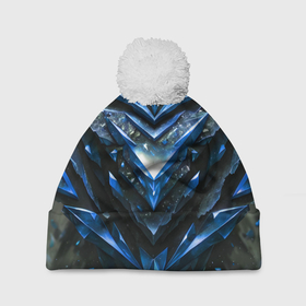 Шапка 3D c помпоном с принтом Синие драгоценные кристаллы в Тюмени, 100% полиэстер | универсальный размер, печать по всей поверхности изделия | 