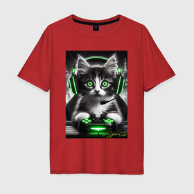 Мужская футболка хлопок Oversize с принтом Котёнок командный геймер   киберспорт в Кировске, 100% хлопок | свободный крой, круглый ворот, “спинка” длиннее передней части | 