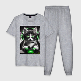 Мужская пижама хлопок с принтом Котёнок командный геймер   киберспорт в Петрозаводске, 100% хлопок | брюки и футболка прямого кроя, без карманов, на брюках мягкая резинка на поясе и по низу штанин
 | 
