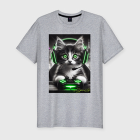 Мужская футболка хлопок Slim с принтом Котёнок командный геймер   киберспорт в Курске, 92% хлопок, 8% лайкра | приталенный силуэт, круглый вырез ворота, длина до линии бедра, короткий рукав | 