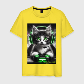 Мужская футболка хлопок с принтом Котёнок командный геймер   киберспорт в Кировске, 100% хлопок | прямой крой, круглый вырез горловины, длина до линии бедер, слегка спущенное плечо. | 