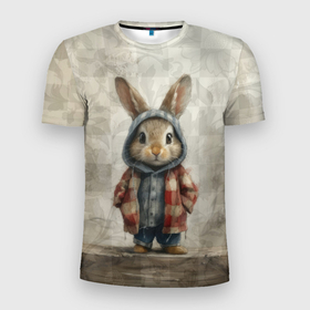 Мужская футболка 3D Slim с принтом Кролик в пальто в Тюмени, 100% полиэстер с улучшенными характеристиками | приталенный силуэт, круглая горловина, широкие плечи, сужается к линии бедра | 