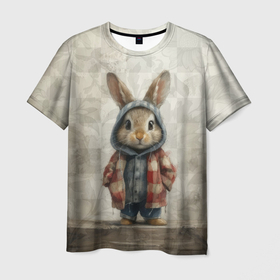Мужская футболка 3D с принтом Кролик в пальто в Тюмени, 100% полиэфир | прямой крой, круглый вырез горловины, длина до линии бедер | 