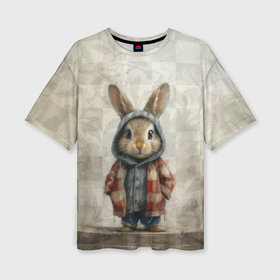 Женская футболка oversize 3D с принтом Кролик в пальто в Екатеринбурге,  |  | 