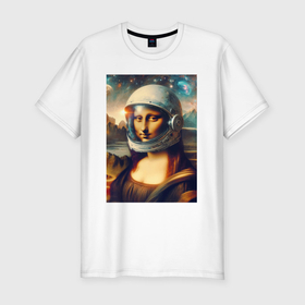 Мужская футболка хлопок Slim с принтом Mona Lisa astronaut   neural network в Екатеринбурге, 92% хлопок, 8% лайкра | приталенный силуэт, круглый вырез ворота, длина до линии бедра, короткий рукав | Тематика изображения на принте: 