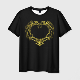 Мужская футболка 3D с принтом Сердце желтыми энергетическими линиями на черном в Петрозаводске, 100% полиэфир | прямой крой, круглый вырез горловины, длина до линии бедер | 