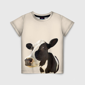 Детская футболка 3D с принтом Корова на бежевом фоне в Екатеринбурге, 100% гипоаллергенный полиэфир | прямой крой, круглый вырез горловины, длина до линии бедер, чуть спущенное плечо, ткань немного тянется | 