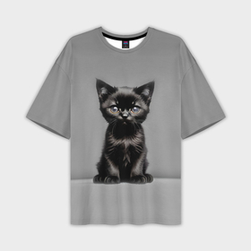 Мужская футболка oversize 3D с принтом Чёрный милый котёнок в Белгороде,  |  | 