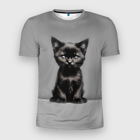Мужская футболка 3D Slim с принтом Чёрный милый котёнок в Белгороде, 100% полиэстер с улучшенными характеристиками | приталенный силуэт, круглая горловина, широкие плечи, сужается к линии бедра | 