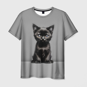 Мужская футболка 3D с принтом Чёрный милый котёнок в Белгороде, 100% полиэфир | прямой крой, круглый вырез горловины, длина до линии бедер | 