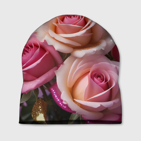 Шапка 3D с принтом Розовые розы с блестками в Санкт-Петербурге, 100% полиэстер | универсальный размер, печать по всей поверхности изделия | 