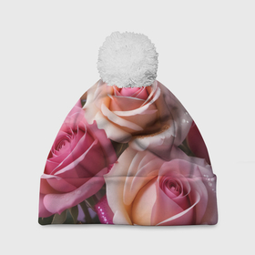 Шапка 3D c помпоном с принтом Розовые розы с блестками в Санкт-Петербурге, 100% полиэстер | универсальный размер, печать по всей поверхности изделия | 