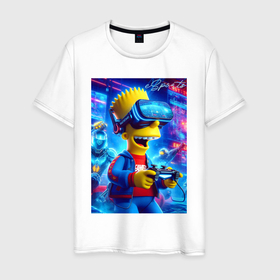 Мужская футболка хлопок с принтом Bart Simpson is an avid gamer   esports в Тюмени, 100% хлопок | прямой крой, круглый вырез горловины, длина до линии бедер, слегка спущенное плечо. | 