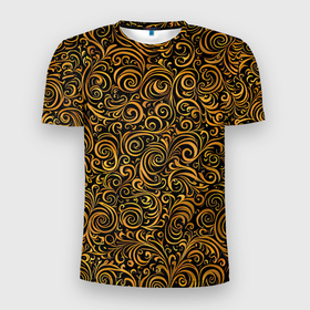 Мужская футболка 3D Slim с принтом Золотые узоры завитки в Белгороде, 100% полиэстер с улучшенными характеристиками | приталенный силуэт, круглая горловина, широкие плечи, сужается к линии бедра | 
