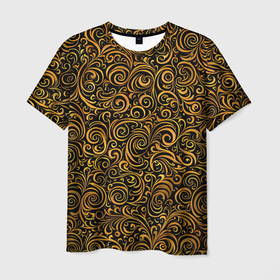 Мужская футболка 3D с принтом Золотые узоры завитки в Курске, 100% полиэфир | прямой крой, круглый вырез горловины, длина до линии бедер | Тематика изображения на принте: 