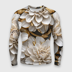Мужской рашгард 3D с принтом Фарфоровые белые цветы с золотом в Новосибирске,  |  | Тематика изображения на принте: 
