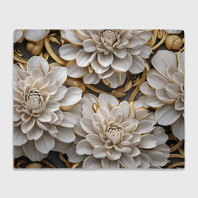 Плед 3D с принтом Фарфоровые белые цветы с золотом в Тюмени, 100% полиэстер | закругленные углы, все края обработаны. Ткань не мнется и не растягивается | 