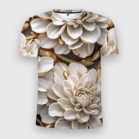 Мужская футболка 3D Slim с принтом Фарфоровые белые цветы с золотом в Новосибирске, 100% полиэстер с улучшенными характеристиками | приталенный силуэт, круглая горловина, широкие плечи, сужается к линии бедра | Тематика изображения на принте: 