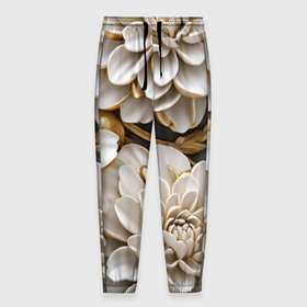 Мужские брюки 3D с принтом Фарфоровые белые цветы с золотом в Новосибирске, 100% полиэстер | манжеты по низу, эластичный пояс регулируется шнурком, по бокам два кармана без застежек, внутренняя часть кармана из мелкой сетки | Тематика изображения на принте: 