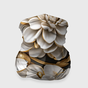 Бандана-труба 3D с принтом Фарфоровые белые цветы с золотом в Санкт-Петербурге, 100% полиэстер, ткань с особыми свойствами — Activecool | плотность 150‒180 г/м2; хорошо тянется, но сохраняет форму | 