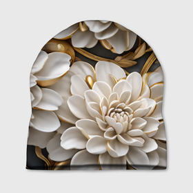 Шапка 3D с принтом Фарфоровые белые цветы с золотом в Новосибирске, 100% полиэстер | универсальный размер, печать по всей поверхности изделия | 