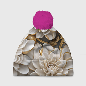 Шапка 3D c помпоном с принтом Фарфоровые белые цветы с золотом в Курске, 100% полиэстер | универсальный размер, печать по всей поверхности изделия | 