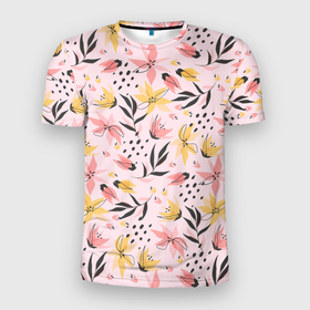 Мужская футболка 3D Slim с принтом Абстрактный паттерн с цветами в Белгороде, 100% полиэстер с улучшенными характеристиками | приталенный силуэт, круглая горловина, широкие плечи, сужается к линии бедра | 