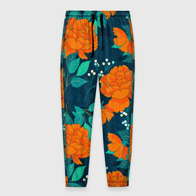 Мужские брюки 3D с принтом Паттерн с оранжевыми цветами в Тюмени, 100% полиэстер | манжеты по низу, эластичный пояс регулируется шнурком, по бокам два кармана без застежек, внутренняя часть кармана из мелкой сетки | 