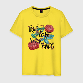 Мужская футболка хлопок с принтом True love never ends в Белгороде, 100% хлопок | прямой крой, круглый вырез горловины, длина до линии бедер, слегка спущенное плечо. | Тематика изображения на принте: 