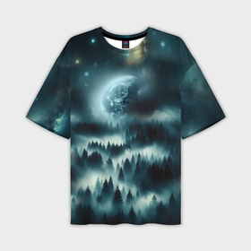 Мужская футболка oversize 3D с принтом Луна и туман в лесу ,  |  | 