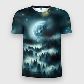Мужская футболка 3D Slim с принтом Луна и туман в лесу , 100% полиэстер с улучшенными характеристиками | приталенный силуэт, круглая горловина, широкие плечи, сужается к линии бедра | 