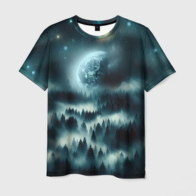 Мужская футболка 3D с принтом Луна и туман в лесу в Курске, 100% полиэфир | прямой крой, круглый вырез горловины, длина до линии бедер | Тематика изображения на принте: 