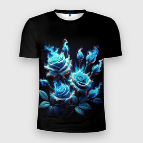 Мужская футболка 3D Slim с принтом Розы в голубом огне в Петрозаводске, 100% полиэстер с улучшенными характеристиками | приталенный силуэт, круглая горловина, широкие плечи, сужается к линии бедра | 