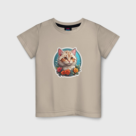 Детская футболка хлопок с принтом Котенок в цветах в Кировске, 100% хлопок | круглый вырез горловины, полуприлегающий силуэт, длина до линии бедер | 