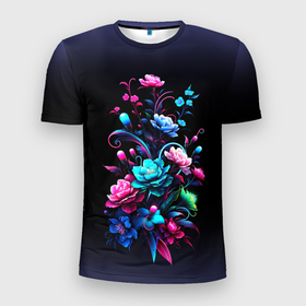 Мужская футболка 3D Slim с принтом Цветы   нейросеть в городе Новоалтайск, 100% полиэстер с улучшенными характеристиками | приталенный силуэт, круглая горловина, широкие плечи, сужается к линии бедра | Тематика изображения на принте: 