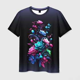 Мужская футболка 3D с принтом Цветы   нейросеть в Белгороде, 100% полиэфир | прямой крой, круглый вырез горловины, длина до линии бедер | 