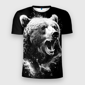 Мужская футболка 3D Slim с принтом Медведь на охоте в Белгороде, 100% полиэстер с улучшенными характеристиками | приталенный силуэт, круглая горловина, широкие плечи, сужается к линии бедра | 