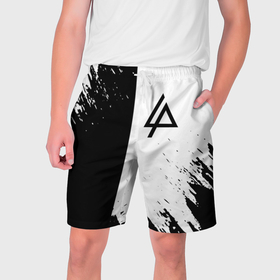 Мужские шорты 3D с принтом Linkin park краски чёрнобелый в Екатеринбурге,  полиэстер 100% | прямой крой, два кармана без застежек по бокам. Мягкая трикотажная резинка на поясе, внутри которой широкие завязки. Длина чуть выше колен | 