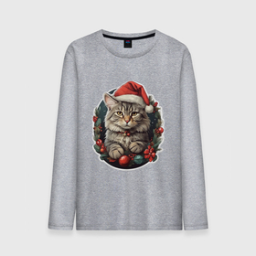 Мужской лонгслив хлопок с принтом Рождественский кот 1 , 100% хлопок |  | Тематика изображения на принте: 