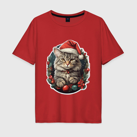Мужская футболка хлопок Oversize с принтом Рождественский кот 1 в Новосибирске, 100% хлопок | свободный крой, круглый ворот, “спинка” длиннее передней части | 