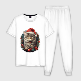 Мужская пижама хлопок с принтом Рождественский кот 1 в Екатеринбурге, 100% хлопок | брюки и футболка прямого кроя, без карманов, на брюках мягкая резинка на поясе и по низу штанин
 | 