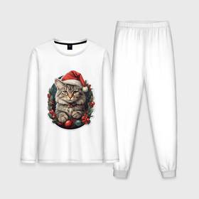 Мужская пижама с лонгсливом хлопок с принтом Рождественский кот 1 в Екатеринбурге,  |  | 