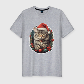 Мужская футболка хлопок Slim с принтом Рождественский кот 1 , 92% хлопок, 8% лайкра | приталенный силуэт, круглый вырез ворота, длина до линии бедра, короткий рукав | Тематика изображения на принте: 