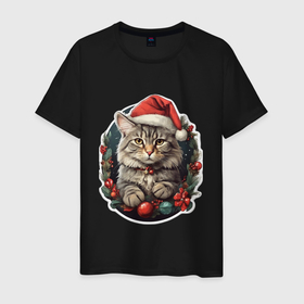 Мужская футболка хлопок с принтом Рождественский кот 1 , 100% хлопок | прямой крой, круглый вырез горловины, длина до линии бедер, слегка спущенное плечо. | Тематика изображения на принте: 